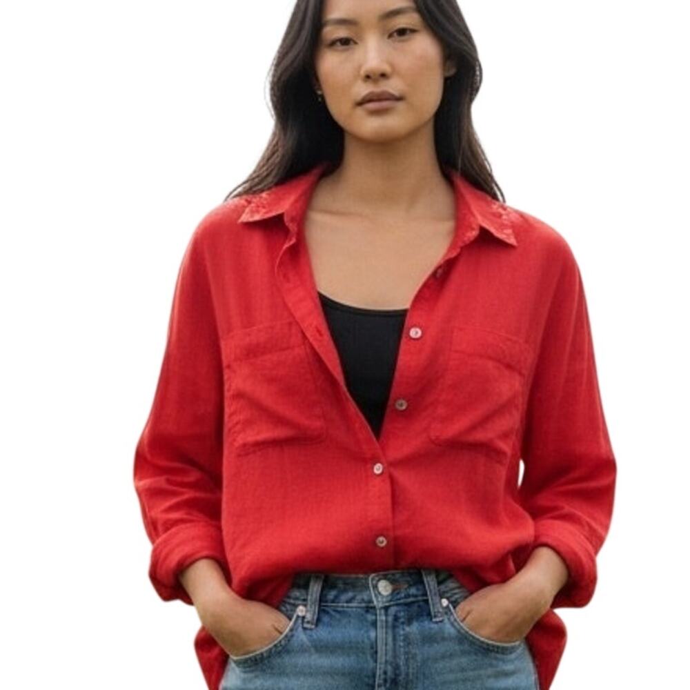 Rachel Zoe Linen Top Womens Small Tomato Red Casual Beachy Coastal Button Shirt